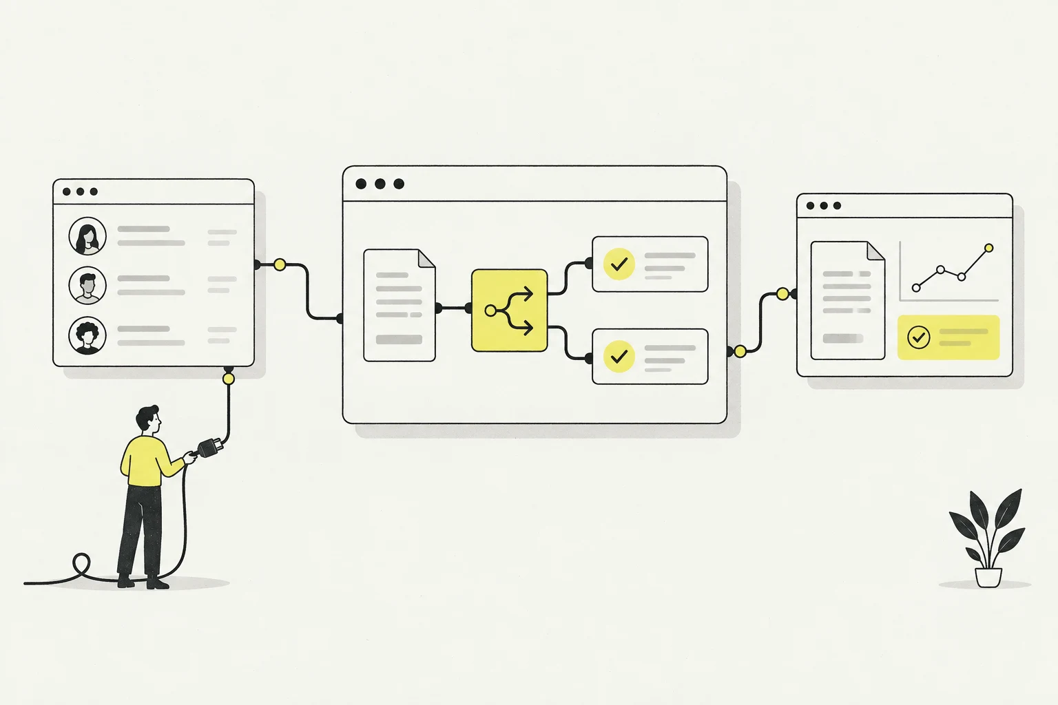 Des outils de gestion client, de workflow et de facturation reliés dans un même système, en illustration noire et jaune.